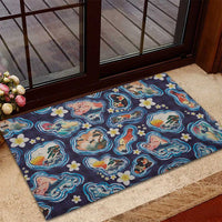 Hawaii Islands Map Design with Japanese Landscape Rubber Doormat Hawaiian Japan Fusion Art Navy Color
