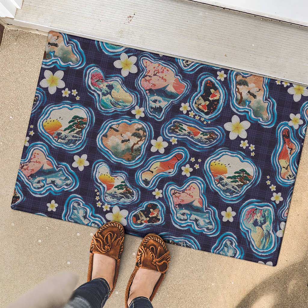 Hawaii Islands Map Design with Japanese Landscape Rubber Doormat Hawaiian Japan Fusion Art Navy Color