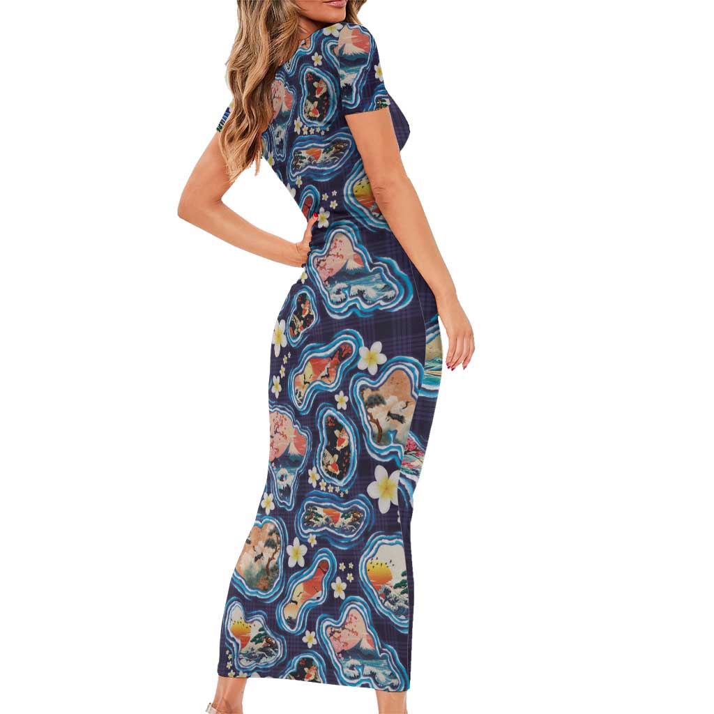 Hawaii Islands Map Design with Japanese Landscape Short Sleeve Bodycon Dress Hawaiian Japan Fusion Art Navy Color