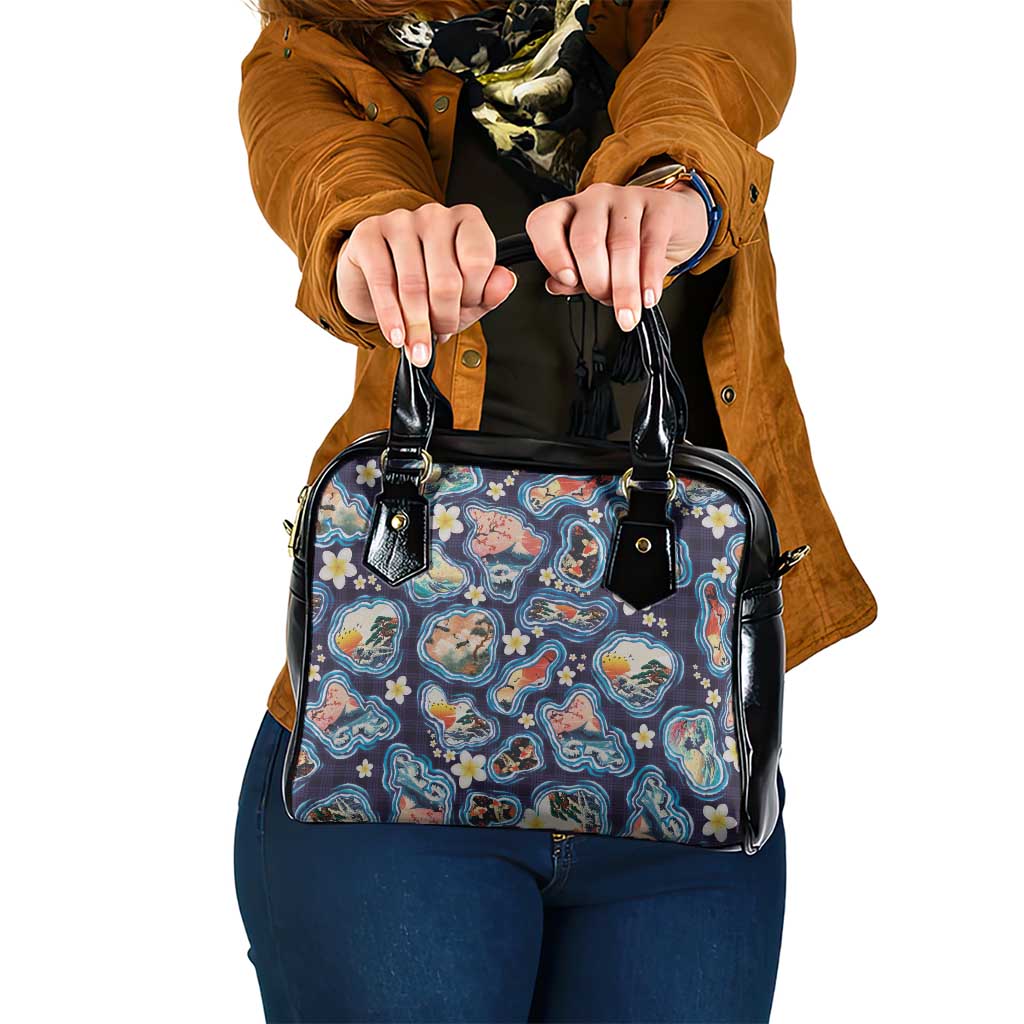Hawaii Islands Map Design with Japanese Landscape Shoulder Handbag Hawaiian Japan Fusion Art Navy Color
