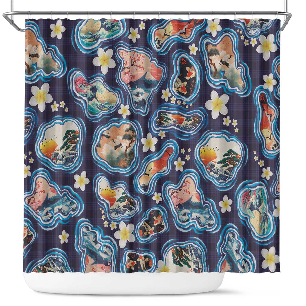 Hawaii Islands Map Design with Japanese Landscape Shower Curtain Hawaiian Japan Fusion Art Navy Color LT03 Navy - Polynesian Pride