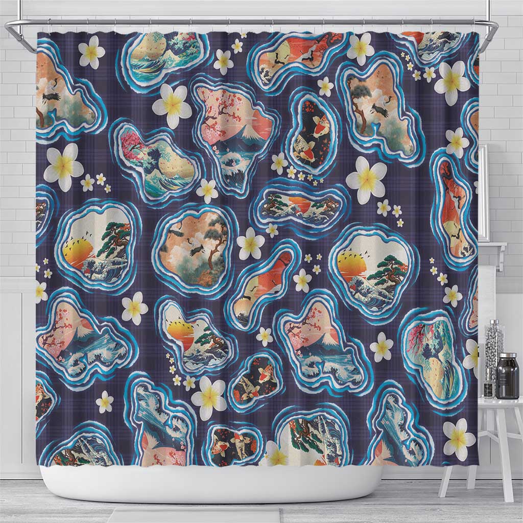 Hawaii Islands Map Design with Japanese Landscape Shower Curtain Hawaiian Japan Fusion Art Navy Color LT03 - Polynesian Pride