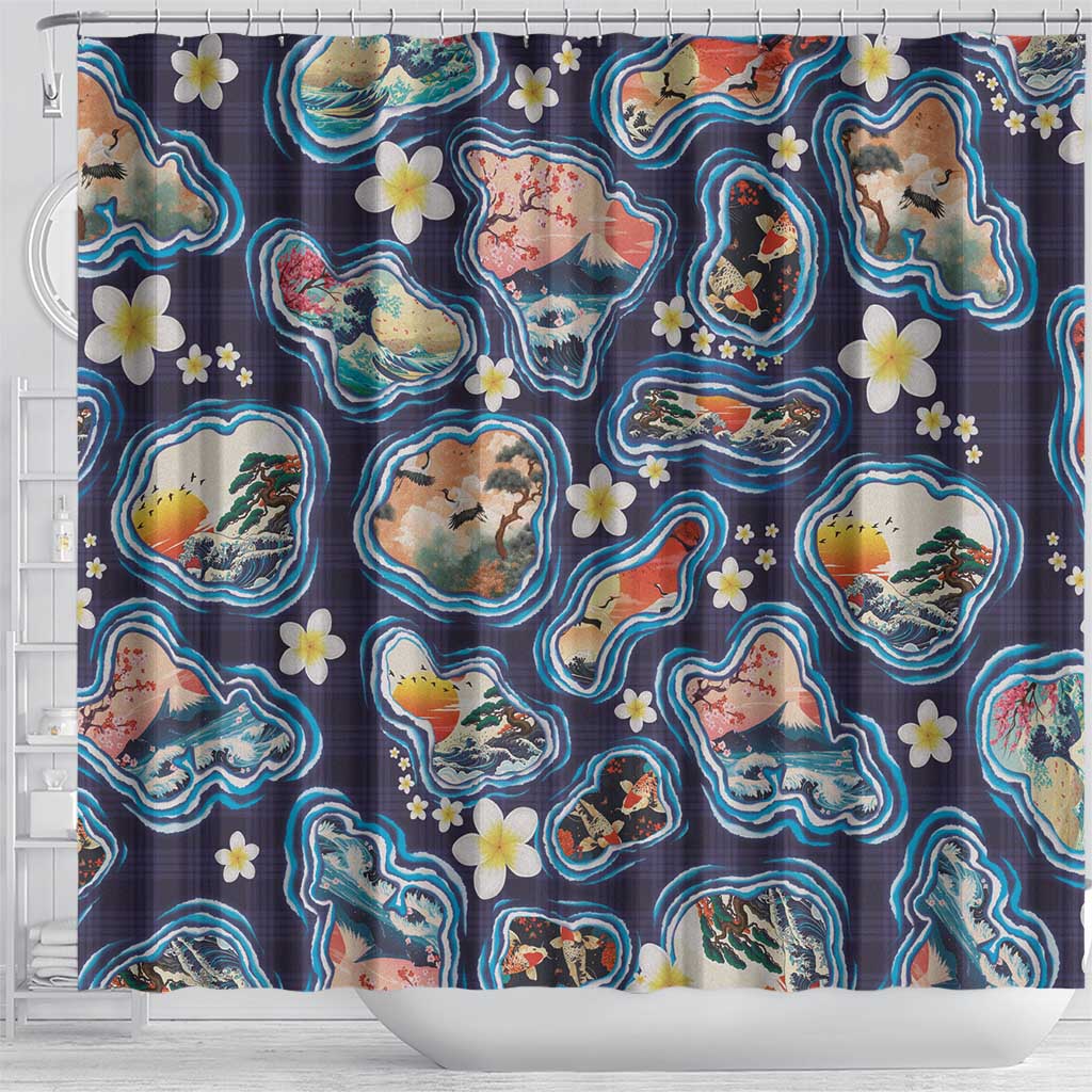 Hawaii Islands Map Design with Japanese Landscape Shower Curtain Hawaiian Japan Fusion Art Navy Color LT03 - Polynesian Pride
