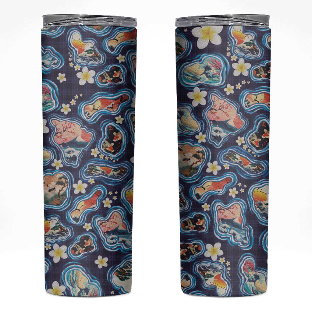 Hawaii Islands Map Design with Japanese Landscape Skinny Tumbler Hawaiian Japan Fusion Art Navy Color