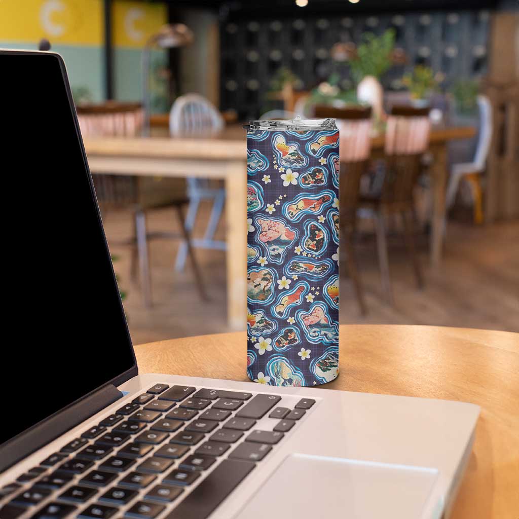 Hawaii Islands Map Design with Japanese Landscape Skinny Tumbler Hawaiian Japan Fusion Art Navy Color