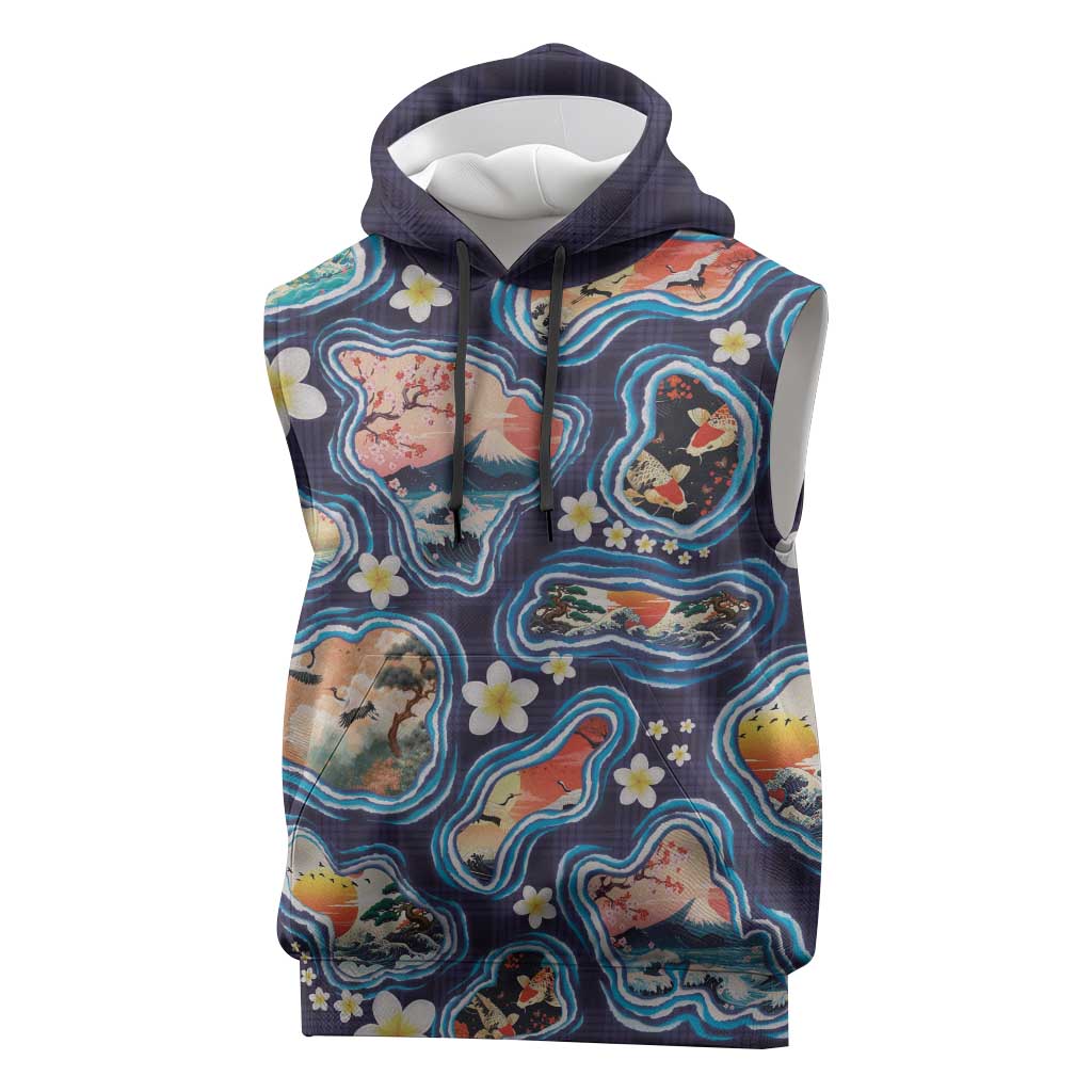 Hawaii Islands Map Design with Japanese Landscape Sleeveless Hoodie Hawaiian Japan Fusion Art Navy Color