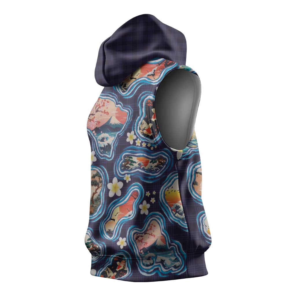 Hawaii Islands Map Design with Japanese Landscape Sleeveless Hoodie Hawaiian Japan Fusion Art Navy Color