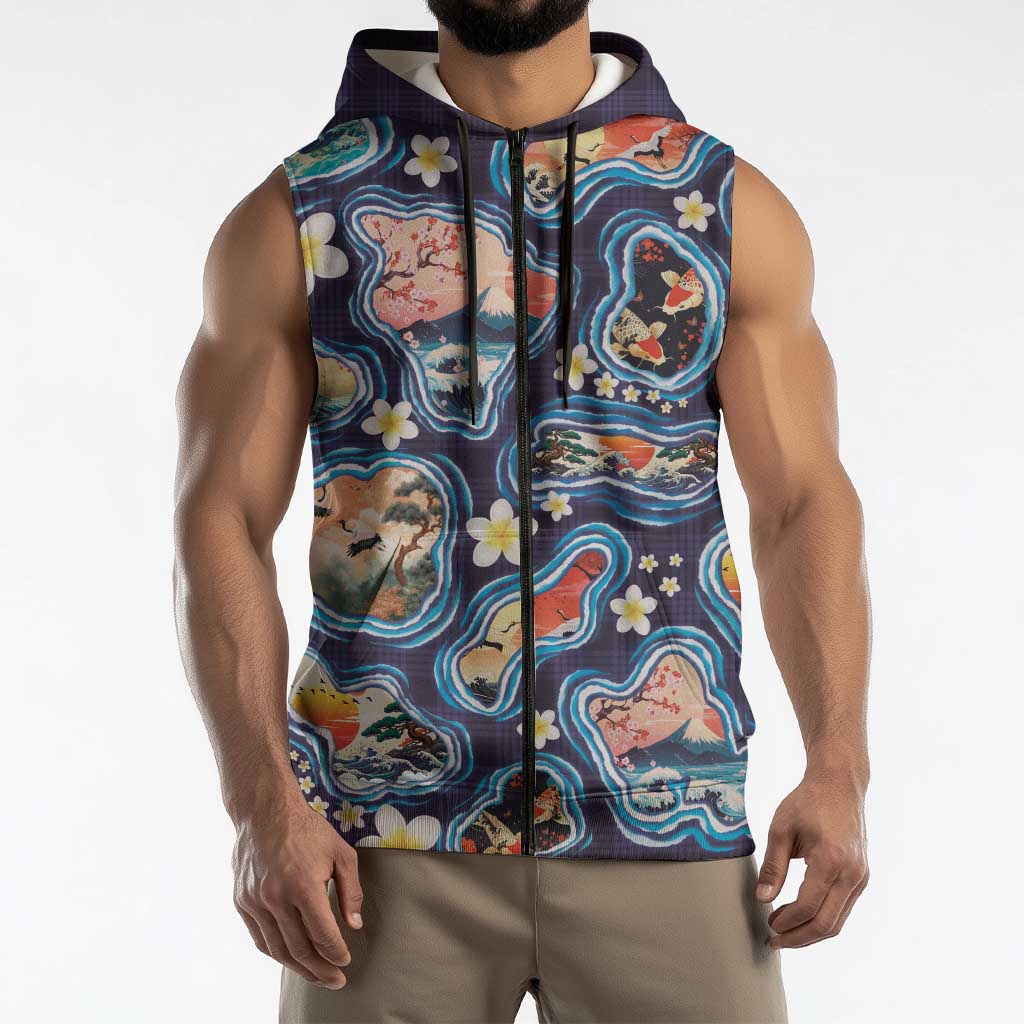 Hawaii Islands Map Design with Japanese Landscape Sleeveless Zip Hoodie Hawaiian Japan Fusion Art Navy Color