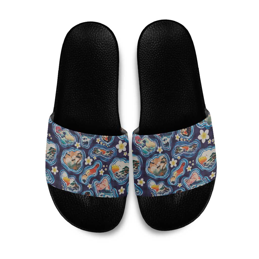 Hawaii Islands Map Design with Japanese Landscape Slide Sandals Hawaiian Japan Fusion Art Navy Color