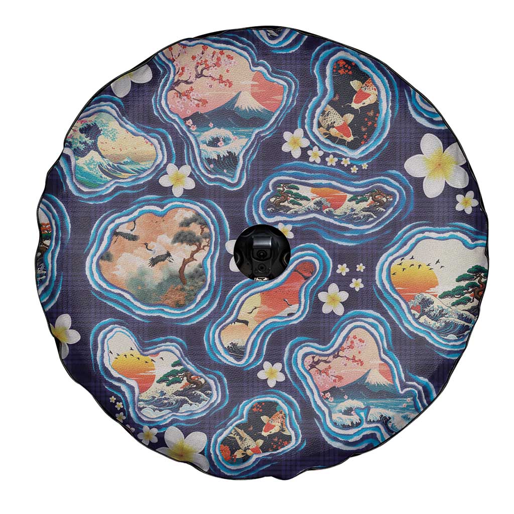 Hawaii Islands Map Design with Japanese Landscape Spare Tire Cover Hawaiian Japan Fusion Art Navy Color