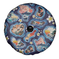 Hawaii Islands Map Design with Japanese Landscape Spare Tire Cover Hawaiian Japan Fusion Art Navy Color