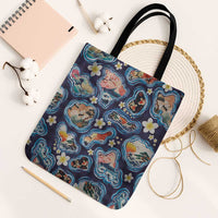 Hawaii Islands Map Design with Japanese Landscape Tote Bag Hawaiian Japan Fusion Art Navy Color LT03 Black Strap One Size Navy - Polynesian Pride