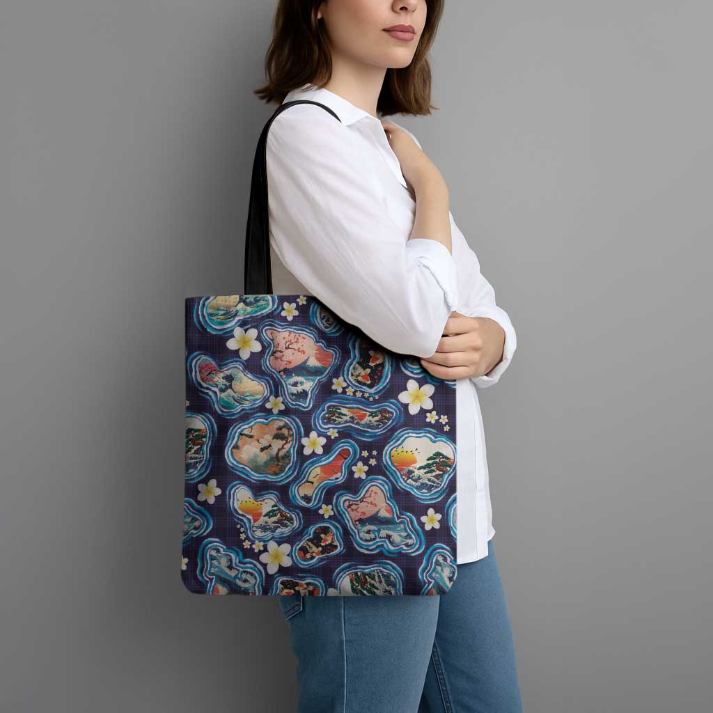 Hawaii Islands Map Design with Japanese Landscape Tote Bag Hawaiian Japan Fusion Art Navy Color LT03 - Polynesian Pride