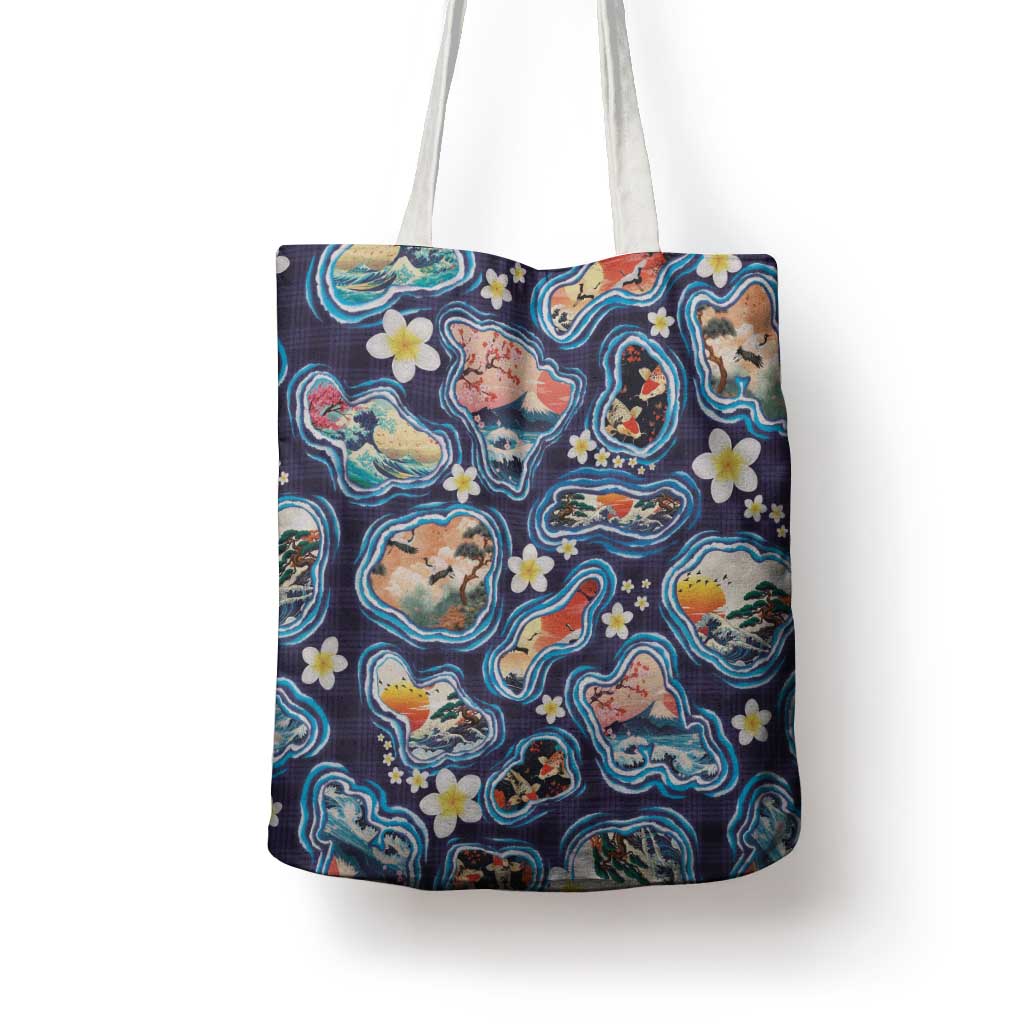 Hawaii Islands Map Design with Japanese Landscape Tote Bag Hawaiian Japan Fusion Art Navy Color LT03 - Polynesian Pride