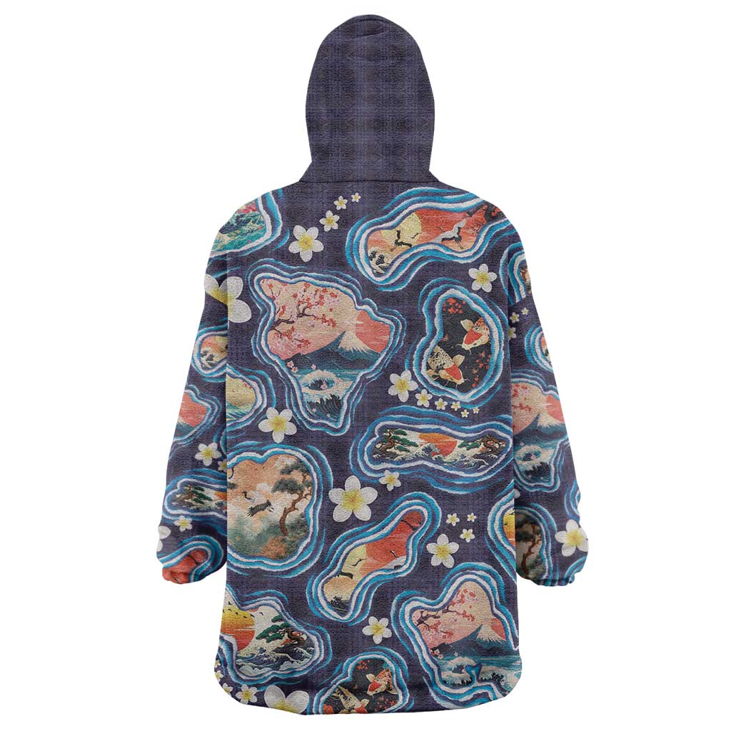 Hawaii Islands Map Design with Japanese Landscape Wearable Blanket Hoodie Hawaiian Japan Fusion Art Navy Color