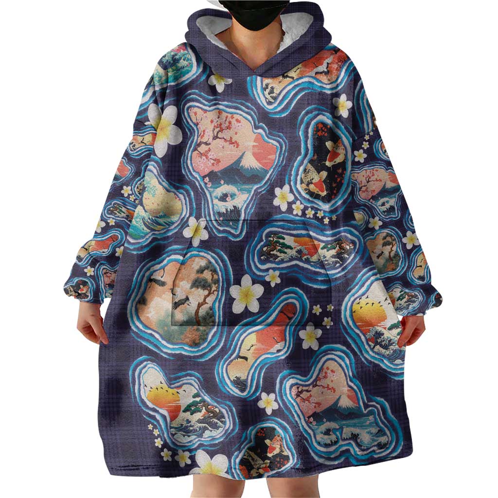 Hawaii Islands Map Design with Japanese Landscape Wearable Blanket Hoodie Hawaiian Japan Fusion Art Navy Color
