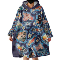 Hawaii Islands Map Design with Japanese Landscape Wearable Blanket Hoodie Hawaiian Japan Fusion Art Navy Color