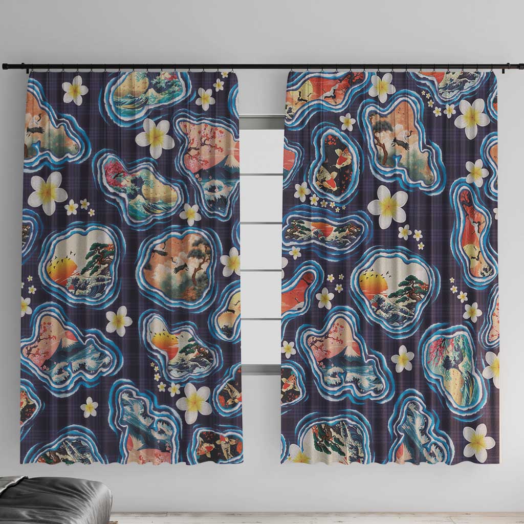Hawaii Islands Map Design with Japanese Landscape Window Curtain Hawaiian Japan Fusion Art Navy Color