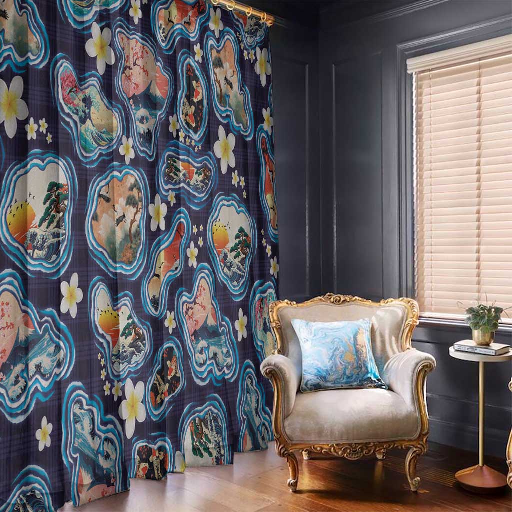 Hawaii Islands Map Design with Japanese Landscape Window Curtain Hawaiian Japan Fusion Art Navy Color