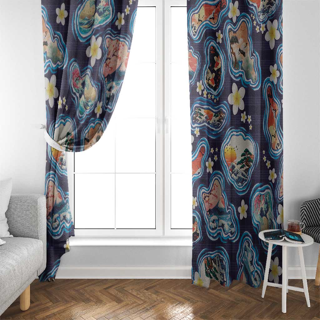 Hawaii Islands Map Design with Japanese Landscape Window Curtain Hawaiian Japan Fusion Art Navy Color