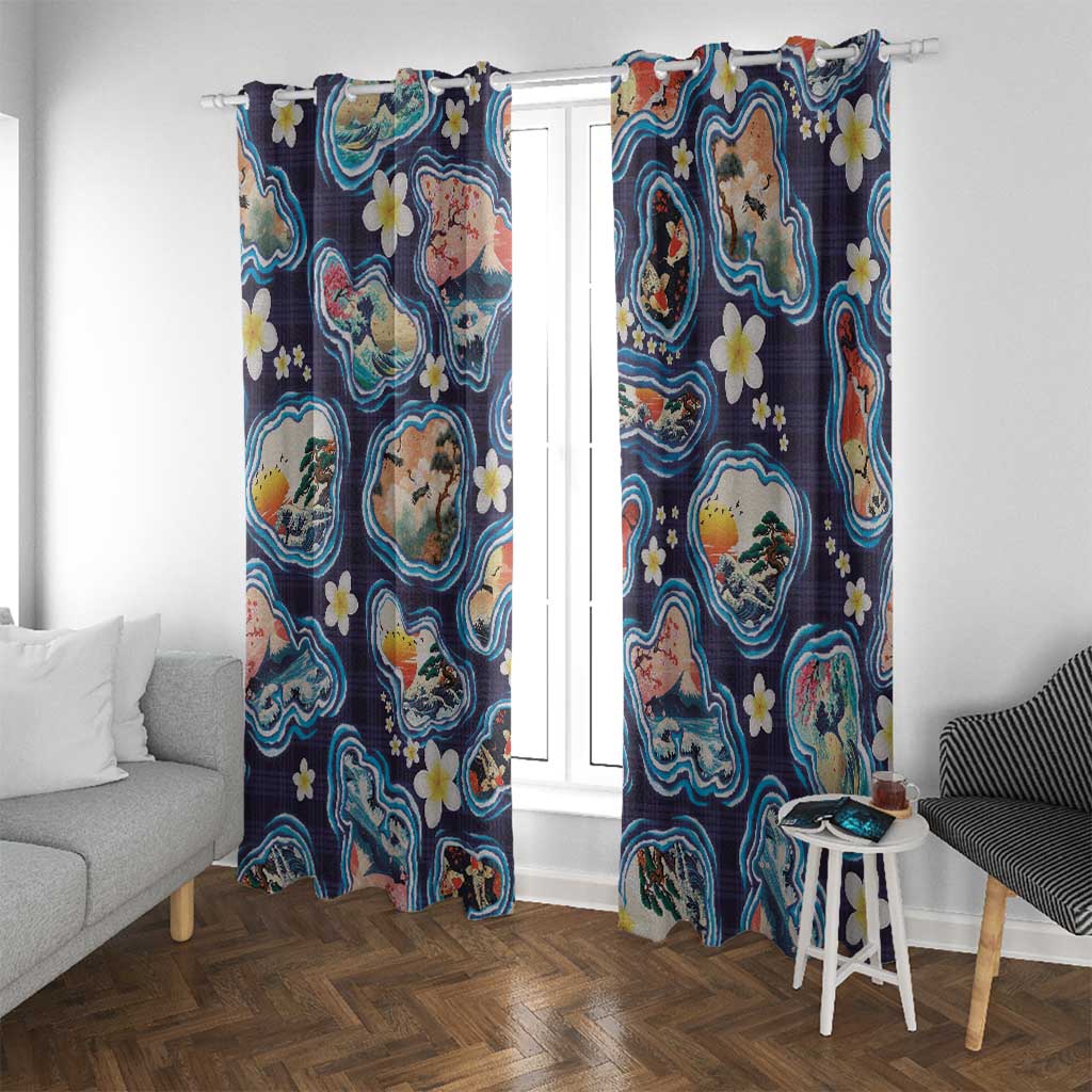 Hawaii Islands Map Design with Japanese Landscape Window Curtain Hawaiian Japan Fusion Art Navy Color