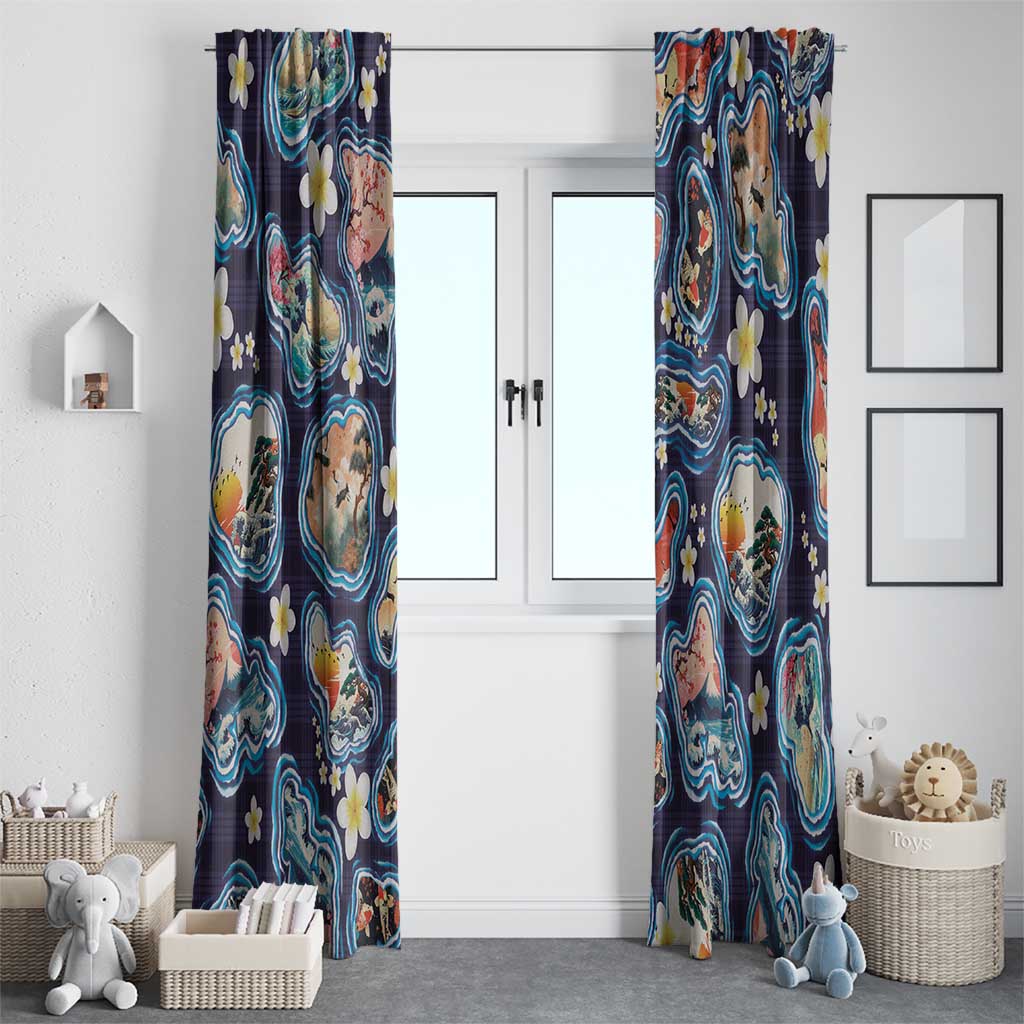 Hawaii Islands Map Design with Japanese Landscape Window Curtain Hawaiian Japan Fusion Art Navy Color