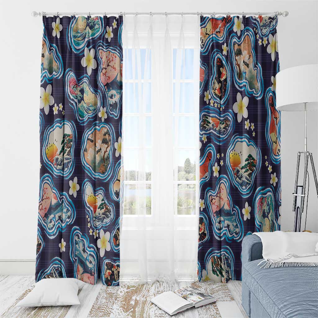 Hawaii Islands Map Design with Japanese Landscape Window Curtain Hawaiian Japan Fusion Art Navy Color