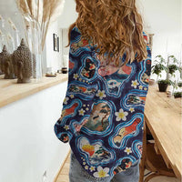 Hawaii Islands Map Design with Japanese Landscape Women Casual Shirt Hawaiian Japan Fusion Art Navy Color