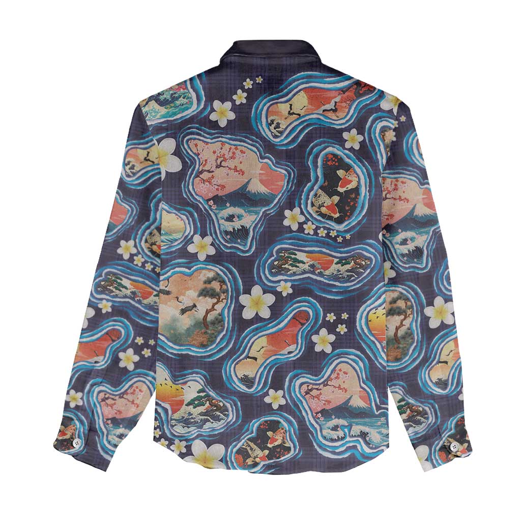 Hawaii Islands Map Design with Japanese Landscape Women Casual Shirt Hawaiian Japan Fusion Art Navy Color