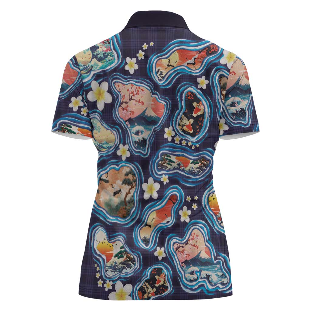Hawaii Islands Map Design with Japanese Landscape Women Polo Shirt Hawaiian Japan Fusion Art Navy Color