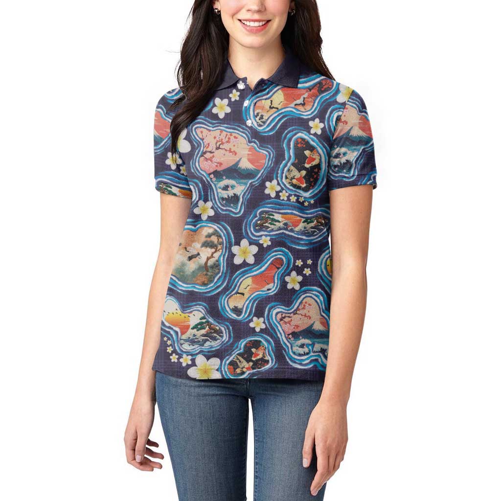 Hawaii Islands Map Design with Japanese Landscape Women Polo Shirt Hawaiian Japan Fusion Art Navy Color