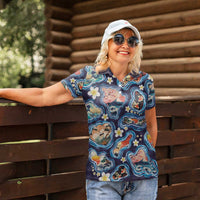 Hawaii Islands Map Design with Japanese Landscape Women Polo Shirt Hawaiian Japan Fusion Art Navy Color