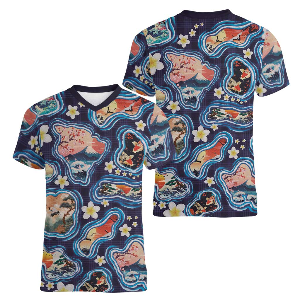 Hawaii Islands Map Design with Japanese Landscape Women V-Neck T-Shirt Hawaiian Japan Fusion Art Navy Color