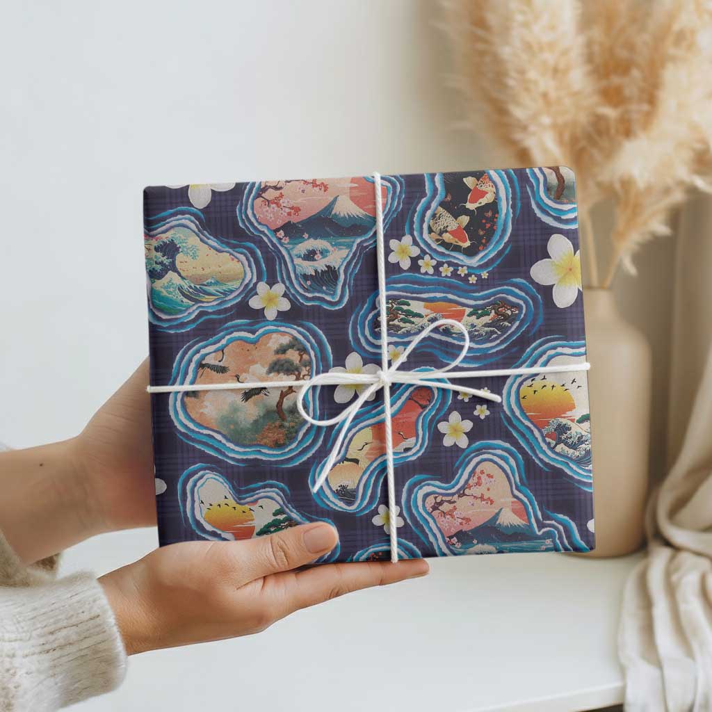 Hawaii Islands Map Design with Japanese Landscape Wrapping Paper Hawaiian Japan Fusion Art Navy Color