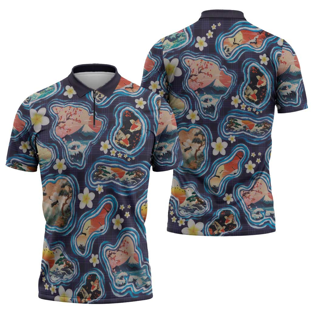 Hawaii Islands Map Design with Japanese Landscape Zipper Polo Shirt Hawaiian Japan Fusion Art Navy Color