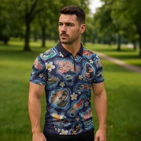 Hawaii Islands Map Design with Japanese Landscape Zipper Polo Shirt Hawaiian Japan Fusion Art Navy Color
