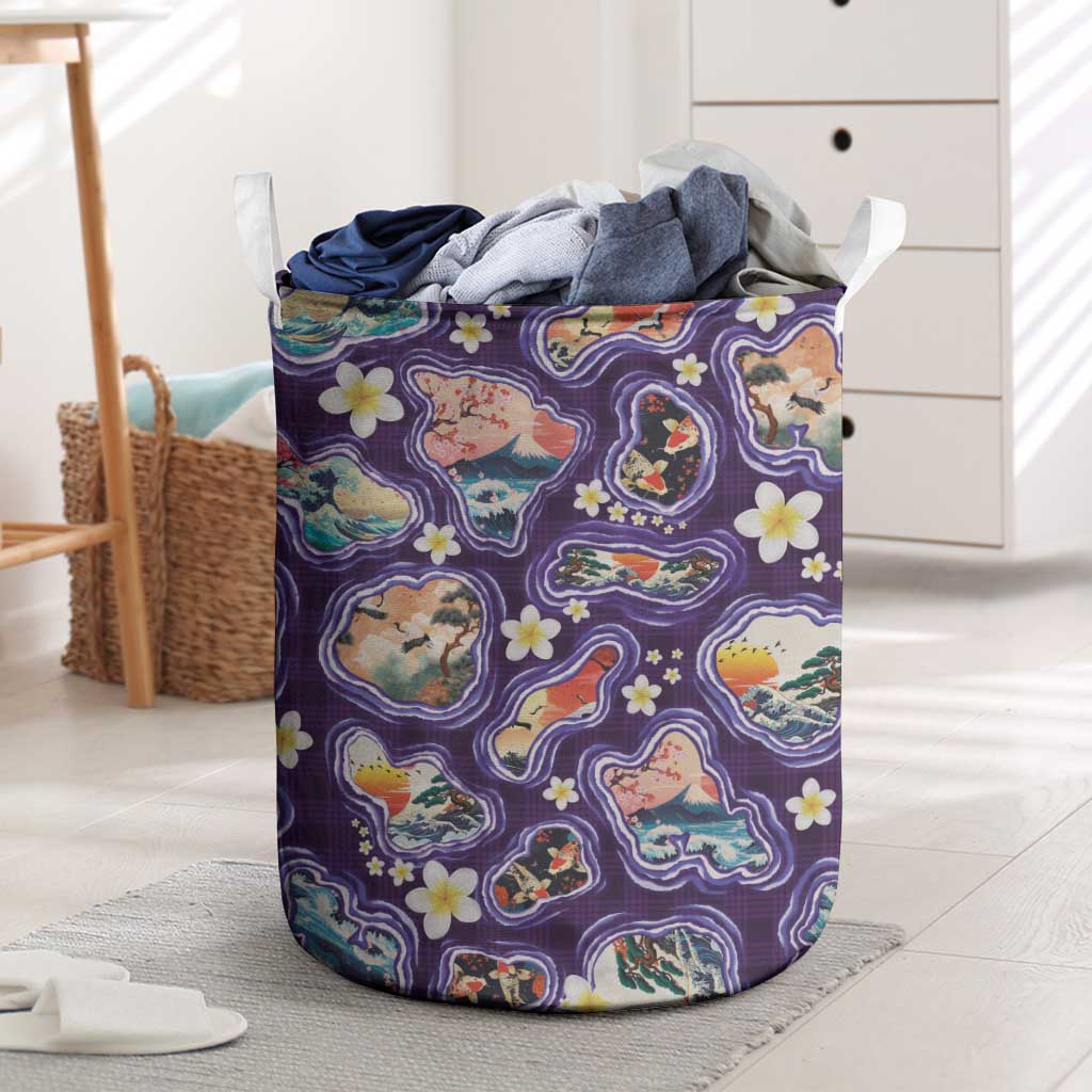 Hawaii Islands Map Design with Japanese Landscape Laundry Basket Hawaiian Japan Fusion Art Purple Color LT03 Purple - Polynesian Pride