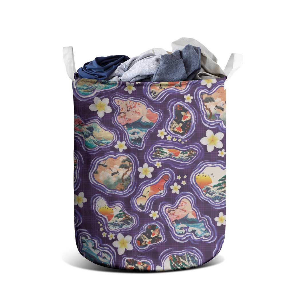 Hawaii Islands Map Design with Japanese Landscape Laundry Basket Hawaiian Japan Fusion Art Purple Color LT03 - Polynesian Pride