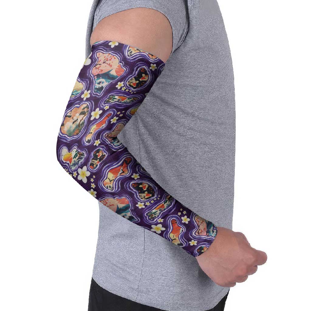 Hawaii Islands Map Design with Japanese Landscape Arm Sleeves Hawaiian Japan Fusion Art Purple Color