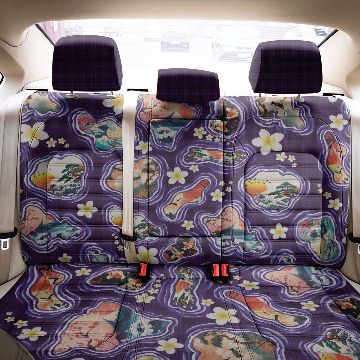 Hawaii Islands Map Design with Japanese Landscape Back Car Seat Cover Hawaiian Japan Fusion Art Purple Color