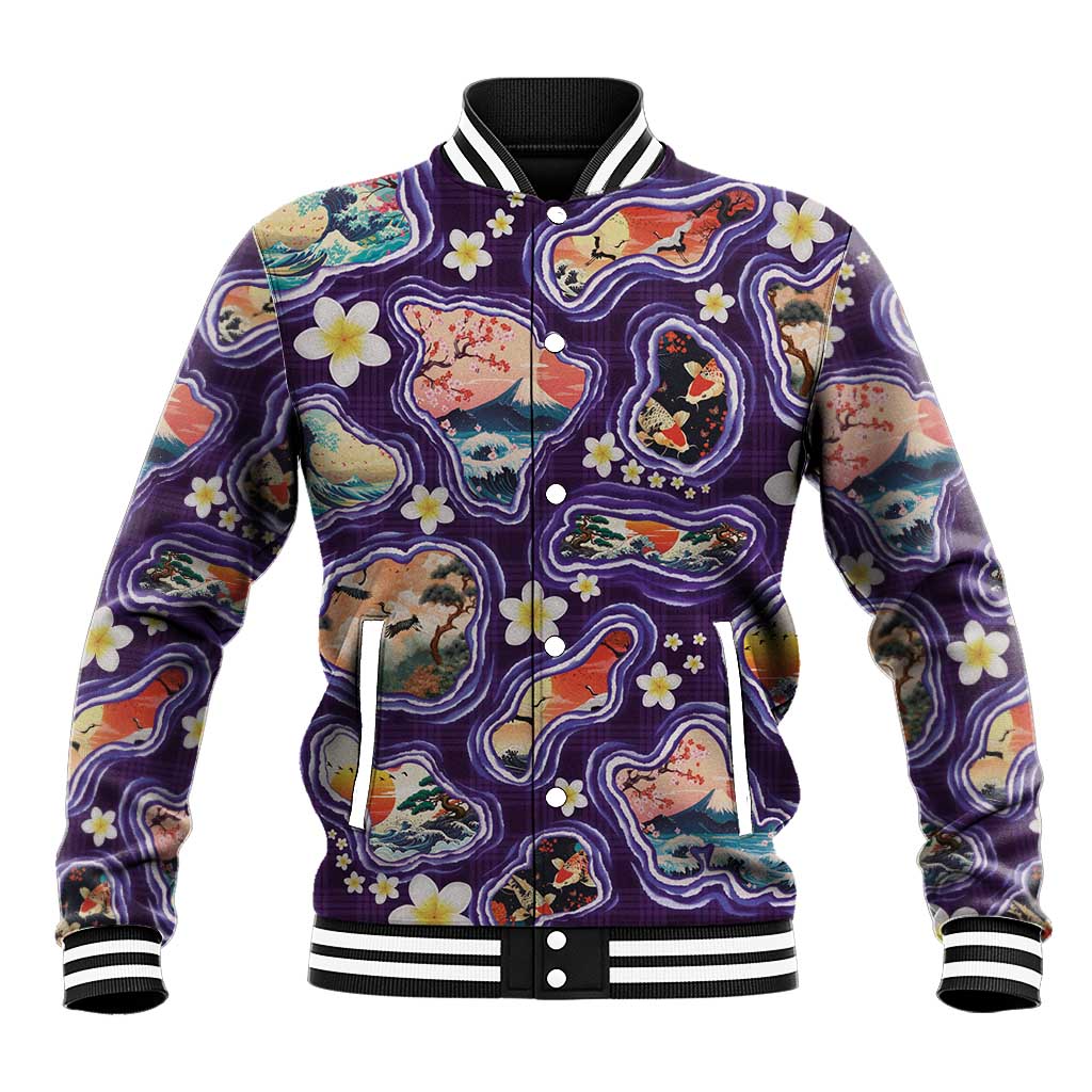 Hawaii Islands Map Design with Japanese Landscape Baseball Jacket Hawaiian Japan Fusion Art Purple Color