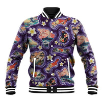 Hawaii Islands Map Design with Japanese Landscape Baseball Jacket Hawaiian Japan Fusion Art Purple Color
