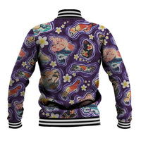 Hawaii Islands Map Design with Japanese Landscape Baseball Jacket Hawaiian Japan Fusion Art Purple Color