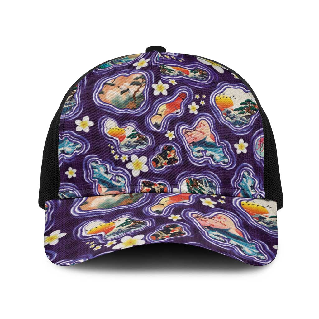 Hawaii Islands Map Design with Japanese Landscape Baseball Net Cap Hawaiian Japan Fusion Art Purple Color