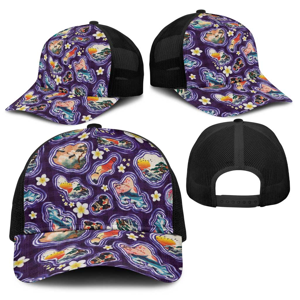 Hawaii Islands Map Design with Japanese Landscape Baseball Net Cap Hawaiian Japan Fusion Art Purple Color