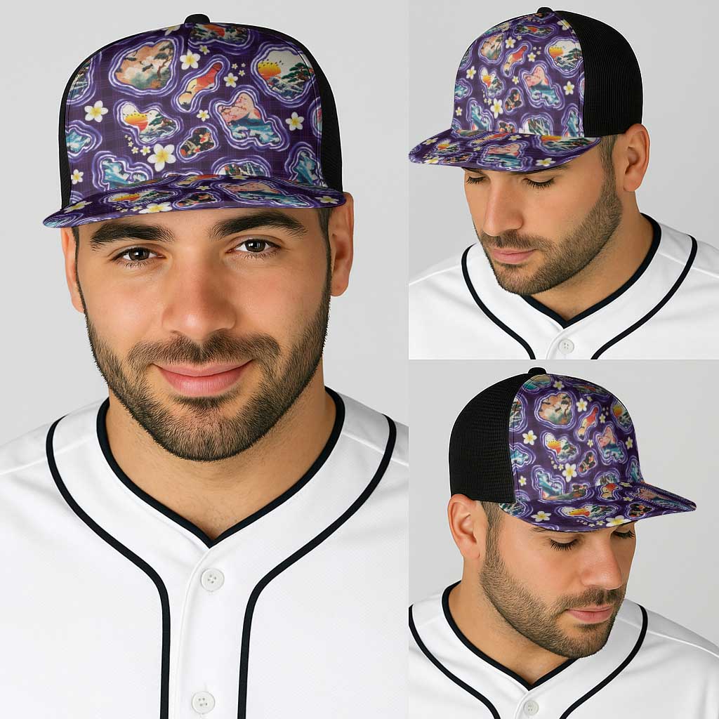 Hawaii Islands Map Design with Japanese Landscape Baseball Net Cap Hawaiian Japan Fusion Art Purple Color