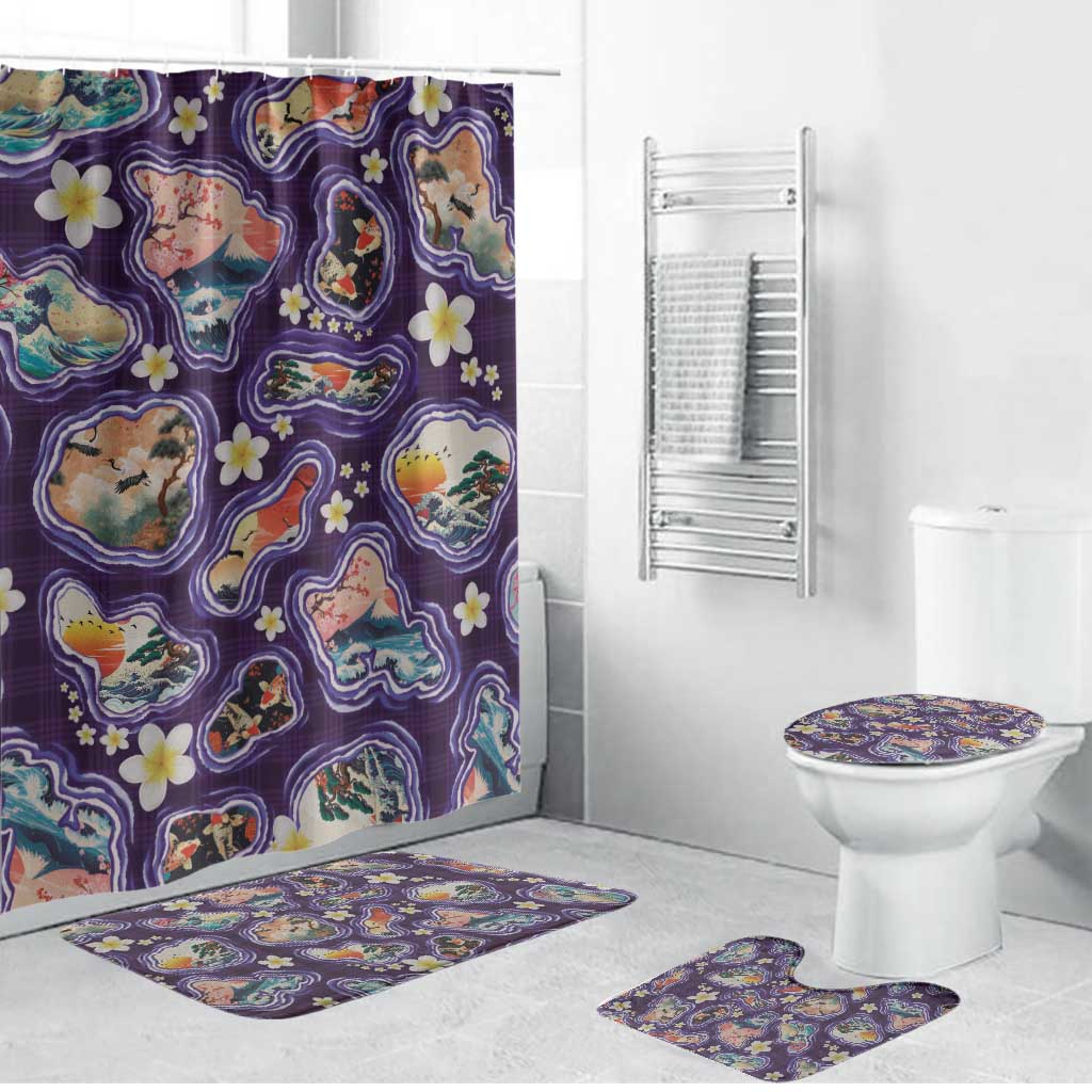 Hawaii Islands Map Design with Japanese Landscape Bathroom Set Hawaiian Japan Fusion Art Purple Color LT03 Bathroom Set (4 pcs) Purple - Polynesian Pride