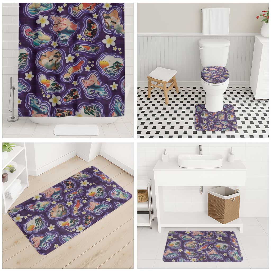 Hawaii Islands Map Design with Japanese Landscape Bathroom Set Hawaiian Japan Fusion Art Purple Color LT03 - Polynesian Pride