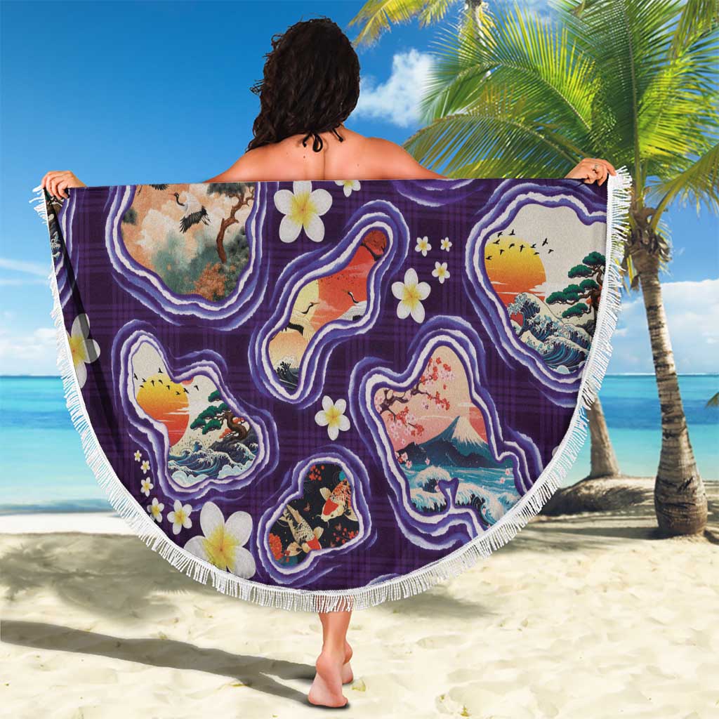 Hawaii Islands Map Design with Japanese Landscape Beach Blanket Hawaiian Japan Fusion Art Purple Color LT03 - Polynesian Pride
