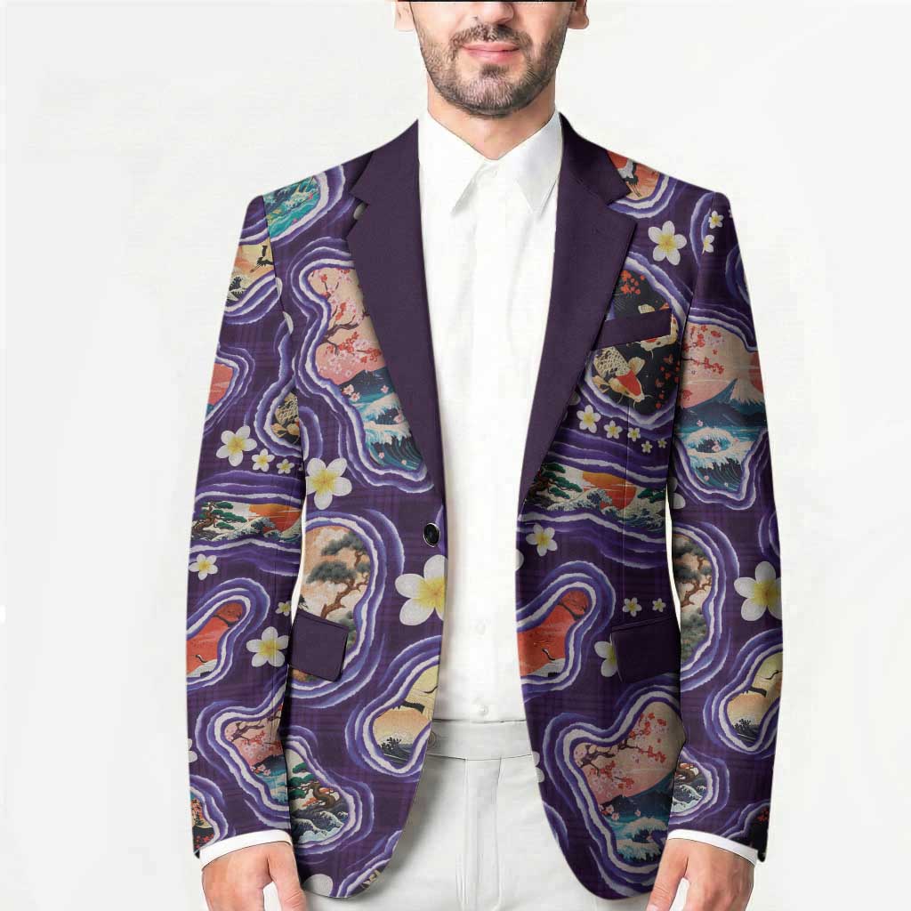 Hawaii Islands Map Design with Japanese Landscape Blazer Hawaiian Japan Fusion Art Purple Color